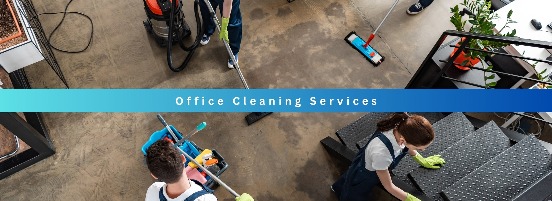 top view of cleaning company team cleaning modern office
